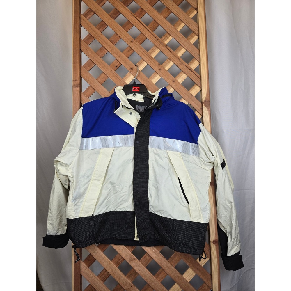 DKNY Active Hooded Windbreaker Mens XL Blue White Reflective Tape Y2K - Good